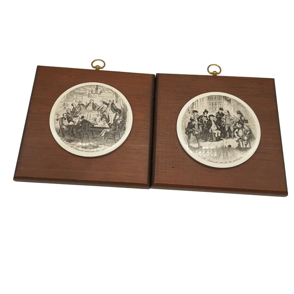 Vintage Charles Dickens Pickwick Papers Ceramic Tile Wood Wall Plaques Set of 2